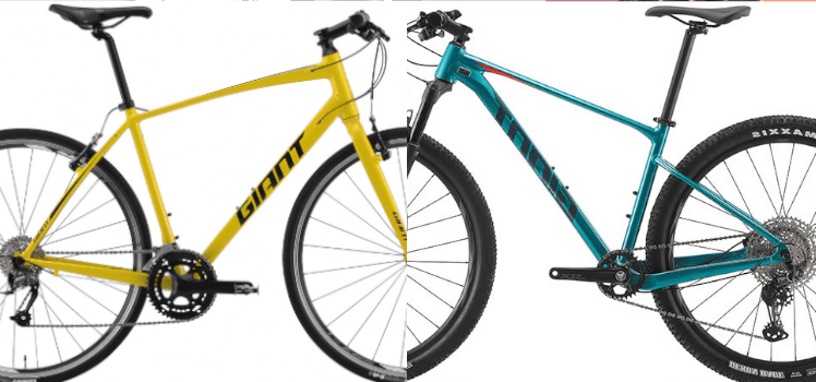 MTB（右）よりもトップチューブがフラットでロードに近いクロスバイク（左） 